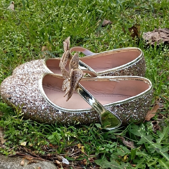 Sparkling Gold Kids Dress Shoes with Butterfly Detail - Picture 3 of 6